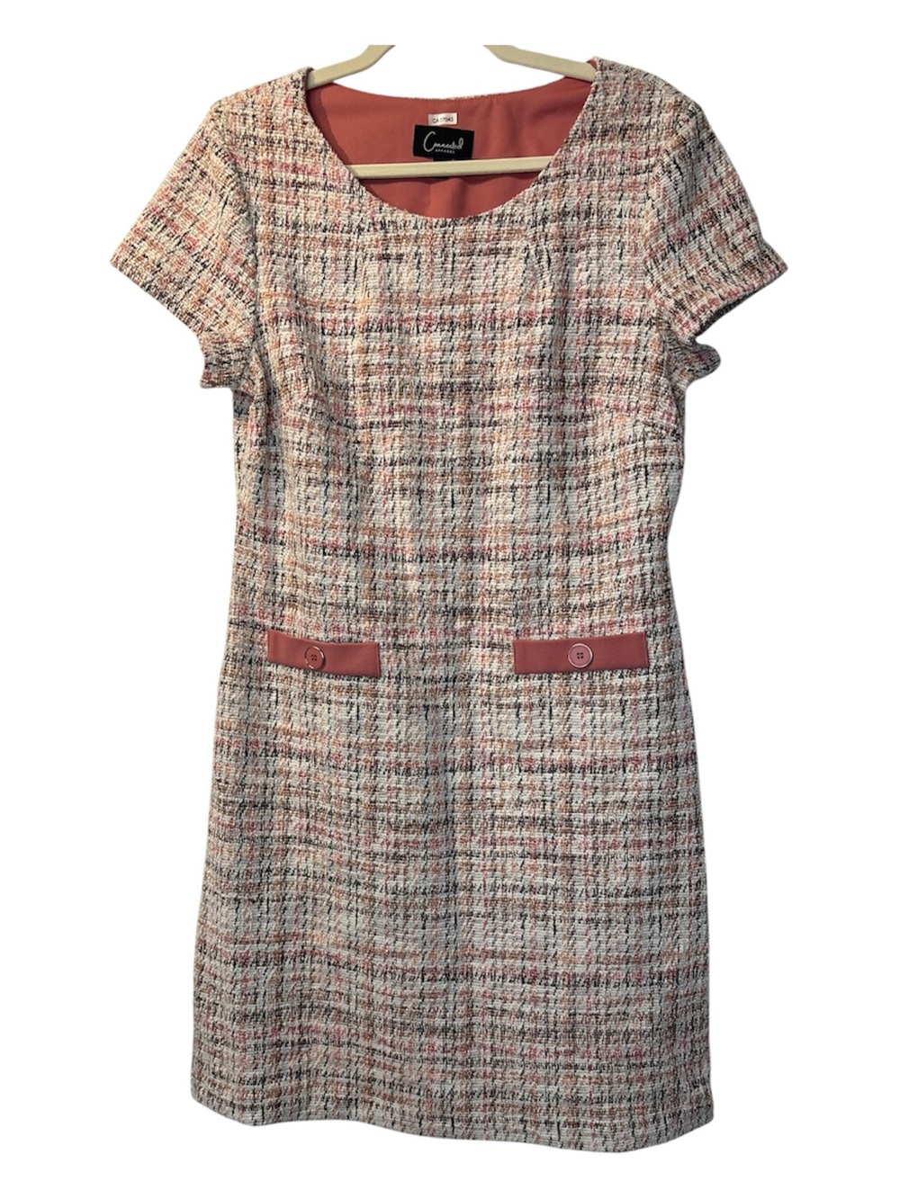 ⭐️ Connected Apparel Pink and Cream Tweed Short-Sleeve Shift Dress- size 12